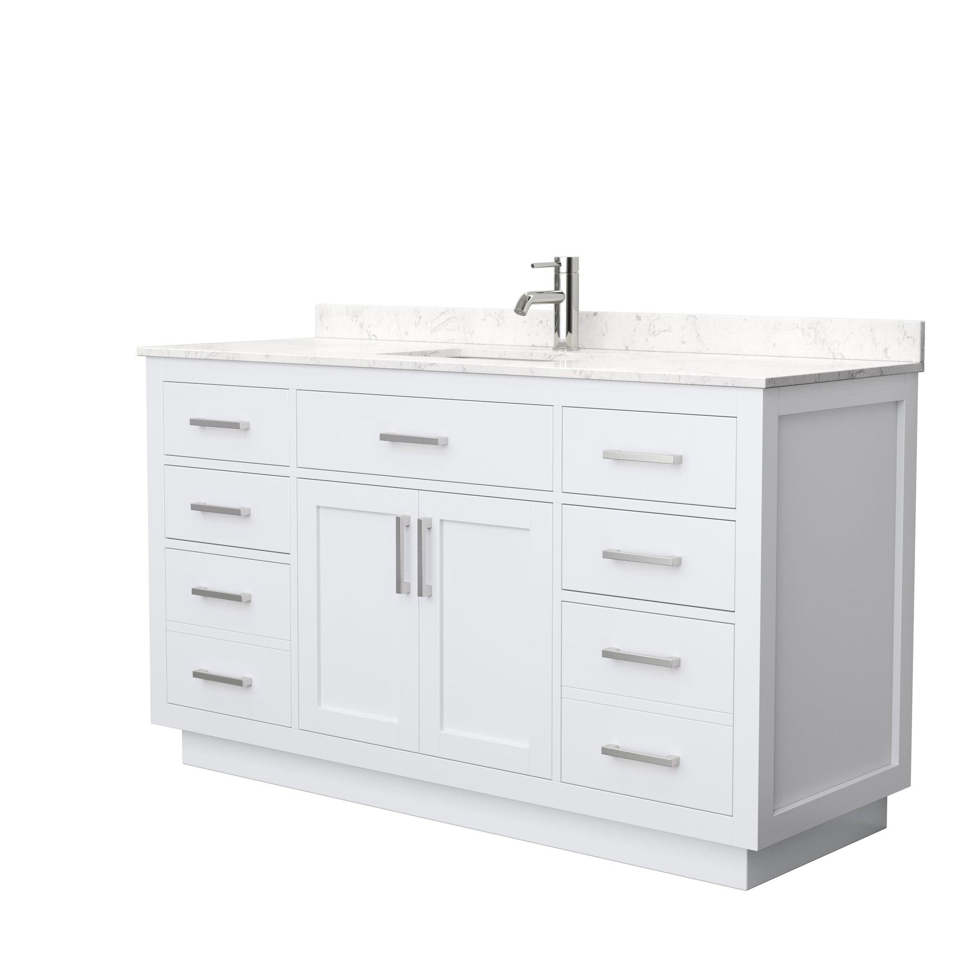Beckett 60" Single Bathroom Vanity With Toe Kick in White, Carrara Cultured Marble Countertop, Undermount Square Sink, Brushed Nickel Trim