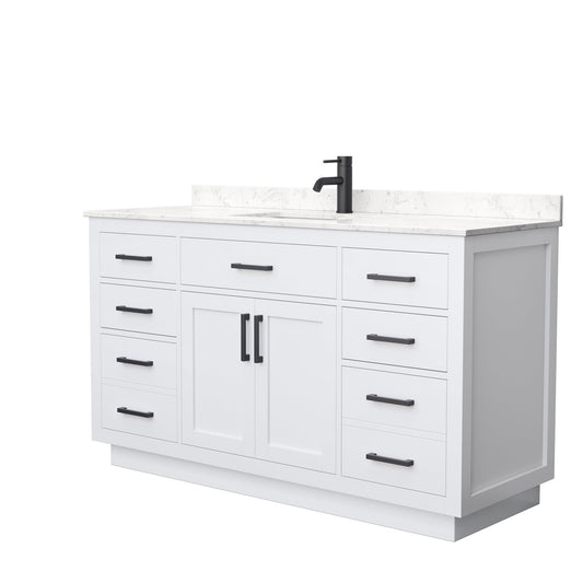 Beckett 60" Single Bathroom Vanity With Toe Kick in White, Carrara Cultured Marble Countertop, Undermount Square Sink, Matte Black Trim