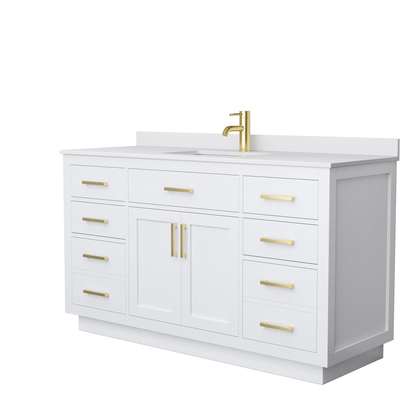 Beckett 60" Single Bathroom Vanity With Toe Kick in White, White Cultured Marble Countertop, Undermount Square Sink, Brushed Gold Trim