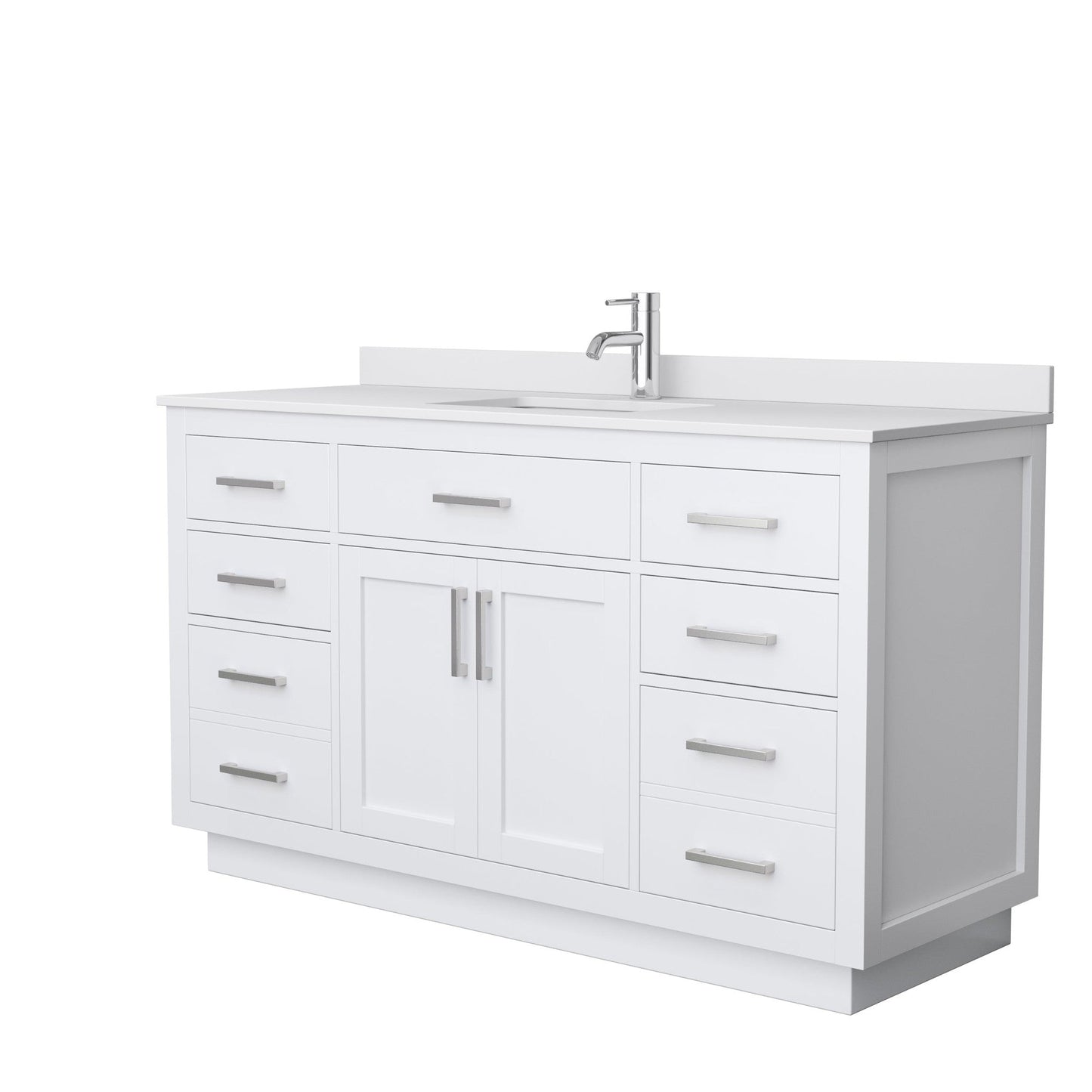 Beckett 60" Single Bathroom Vanity With Toe Kick in White, White Cultured Marble Countertop, Undermount Square Sink, Brushed Nickel Trim