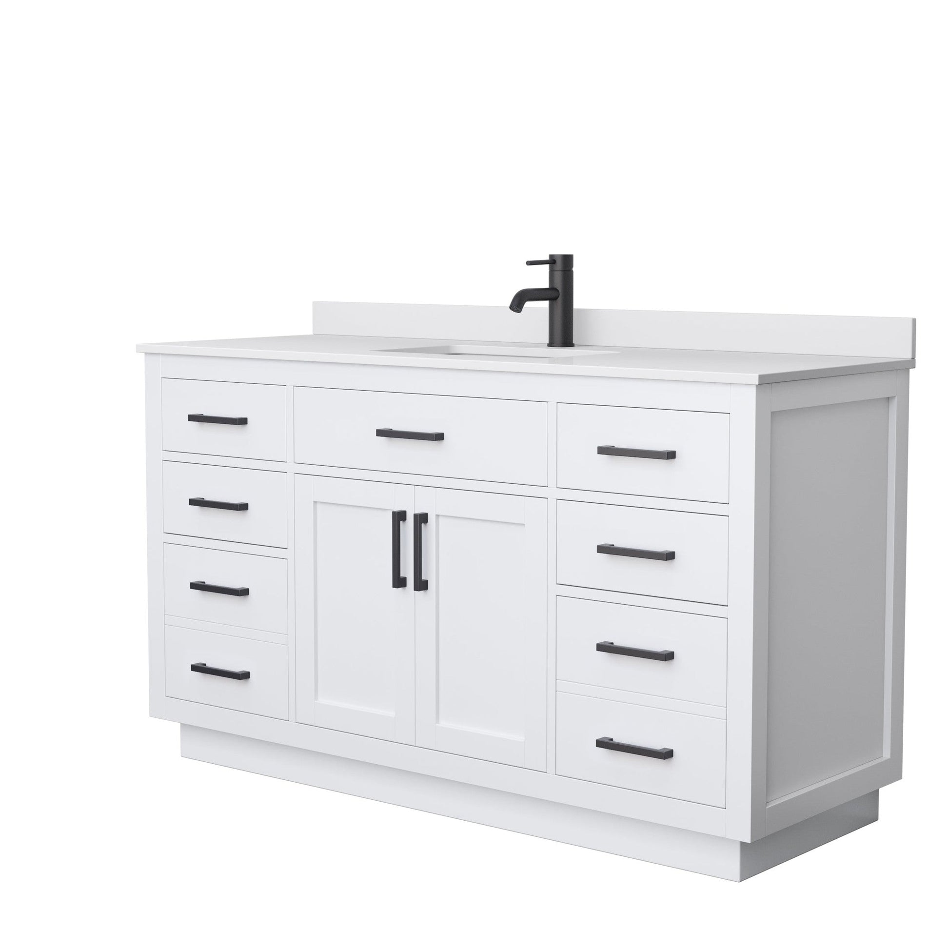 Beckett 60" Single Bathroom Vanity With Toe Kick in White, White Cultured Marble Countertop, Undermount Square Sink, Matte Black Trim