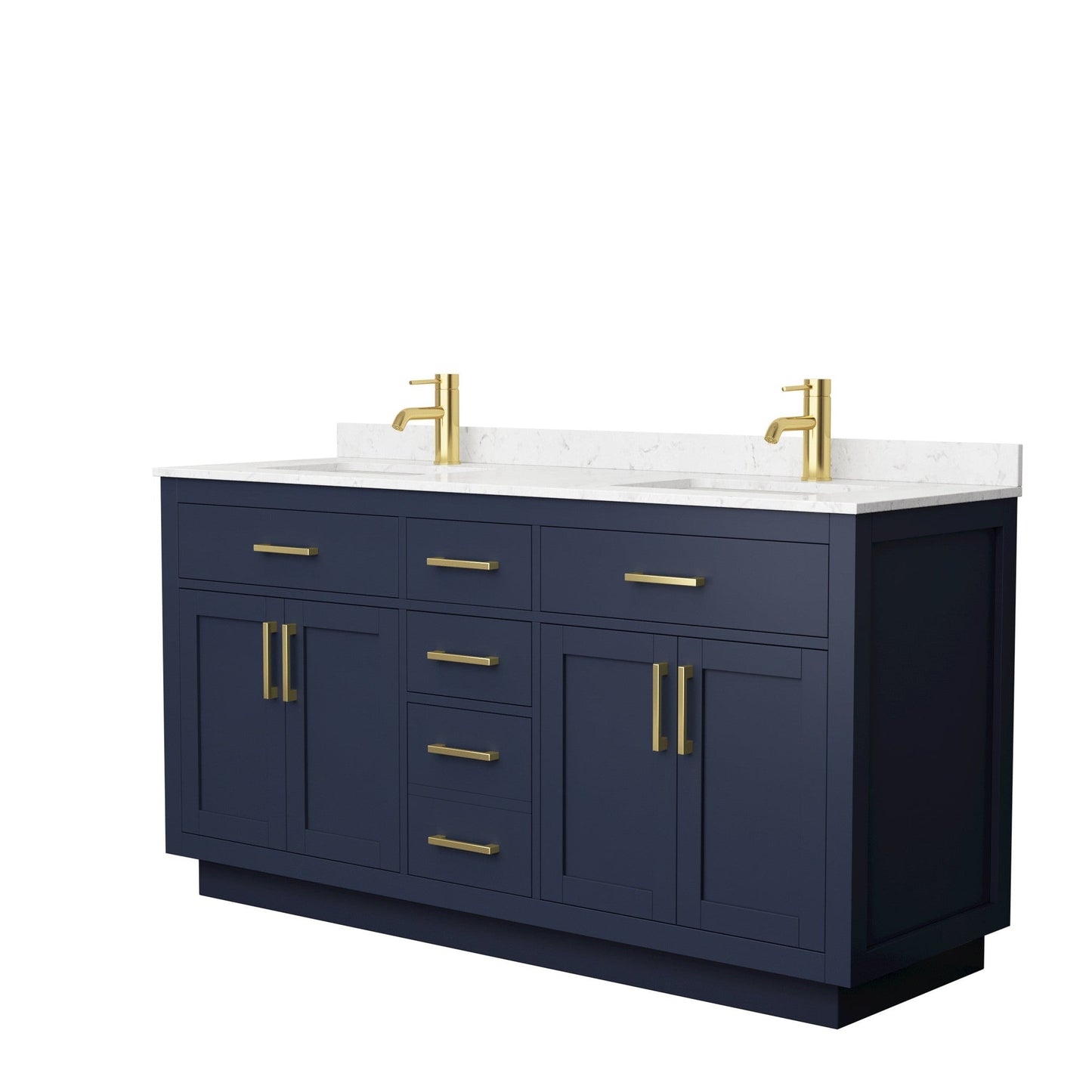 Beckett 66" Double Bathroom Vanity With Toe Kick in Dark Blue, Carrara Cultured Marble Countertop, Undermount Square Sinks, Brushed Gold Trim