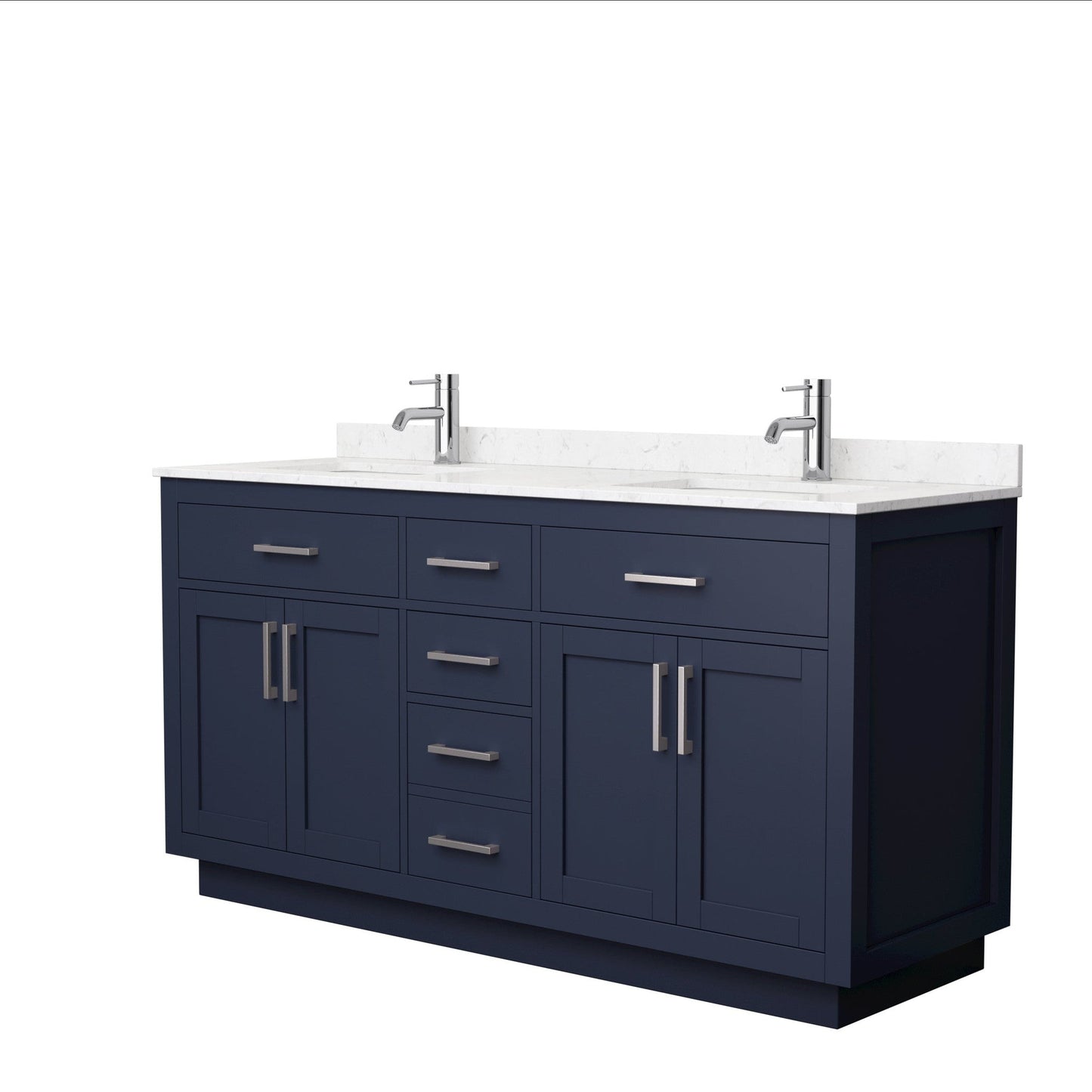 Beckett 66" Double Bathroom Vanity With Toe Kick in Dark Blue, Carrara Cultured Marble Countertop, Undermount Square Sinks, Brushed Nickel Trim