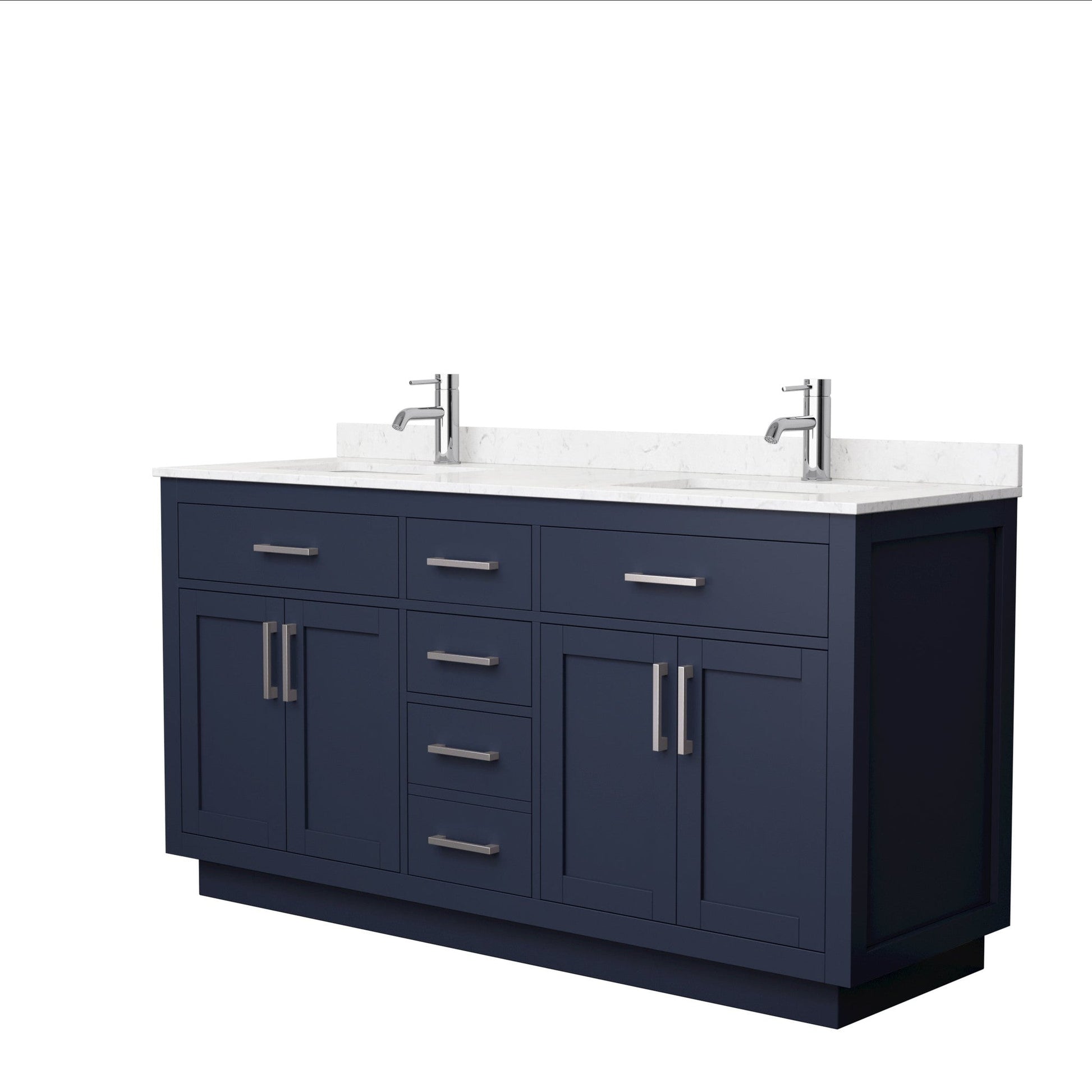 Beckett 66" Double Bathroom Vanity With Toe Kick in Dark Blue, Carrara Cultured Marble Countertop, Undermount Square Sinks, Brushed Nickel Trim