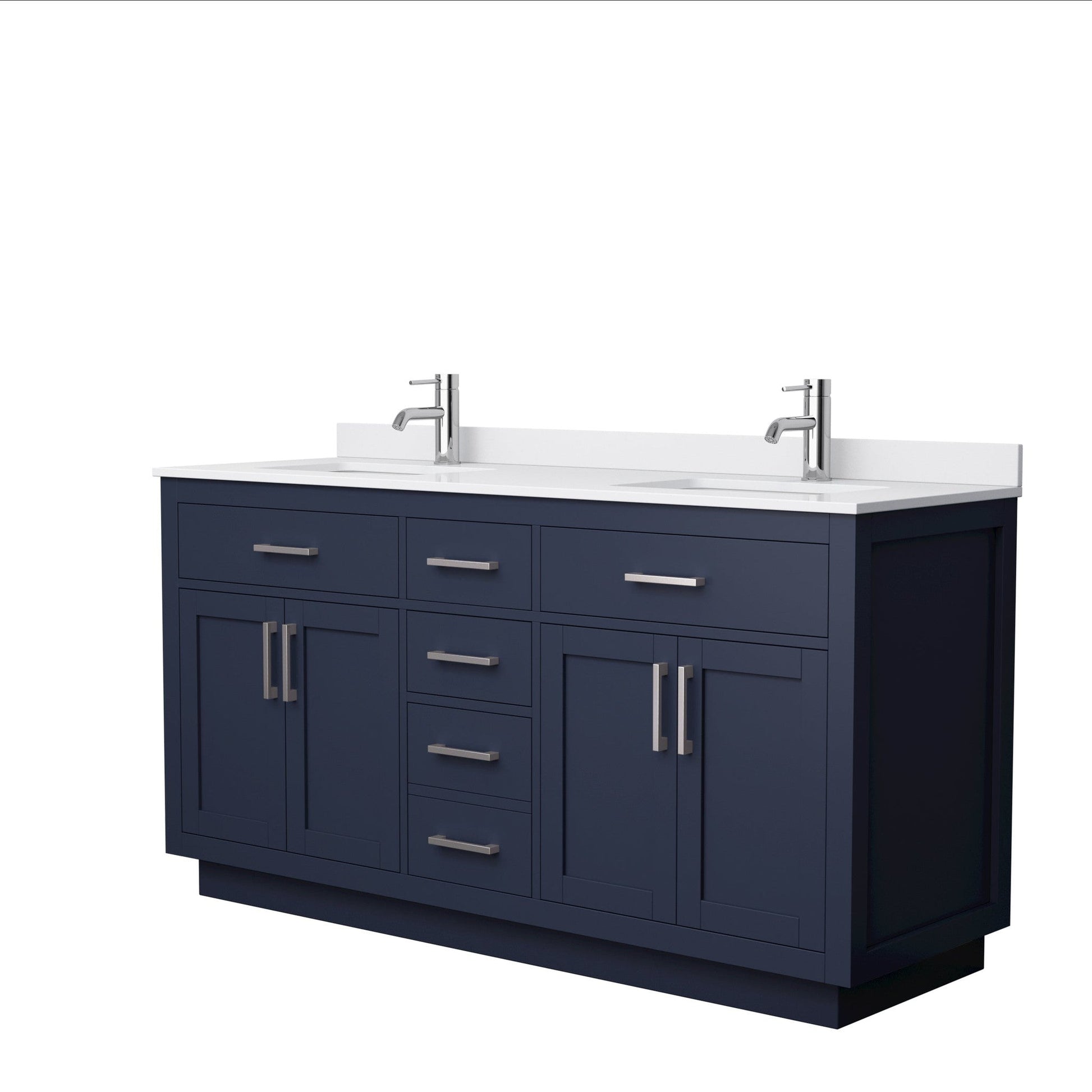 Beckett 66" Double Bathroom Vanity With Toe Kick in Dark Blue, White Cultured Marble Countertop, Undermount Square Sinks, Brushed Nickel Trim