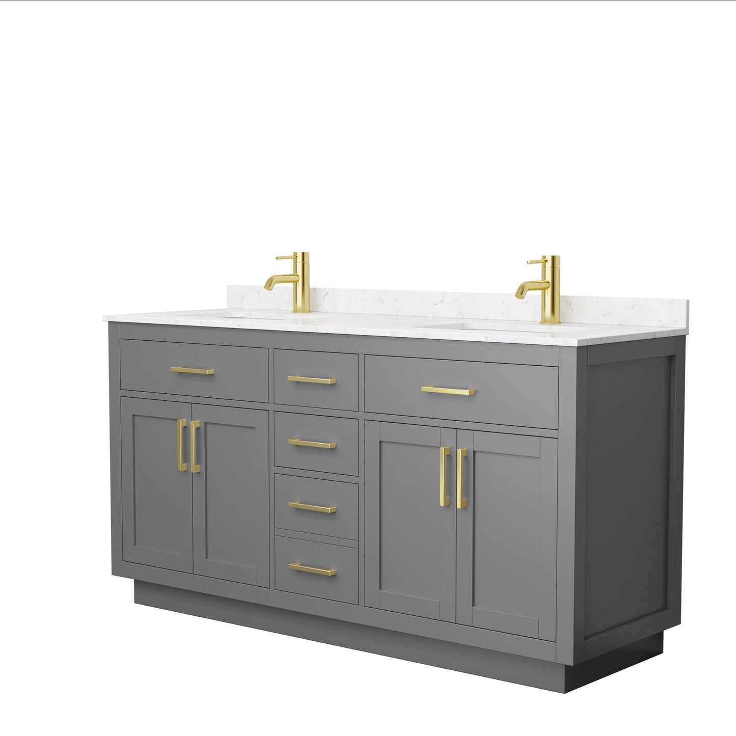 Beckett 66" Double Bathroom Vanity With Toe Kick in Dark Gray, Carrara Cultured Marble Countertop, Undermount Square Sinks, Brushed Gold Trim