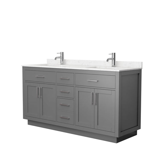 Beckett 66" Double Bathroom Vanity With Toe Kick in Dark Gray, Carrara Cultured Marble Countertop, Undermount Square Sinks, Brushed Nickel Trim