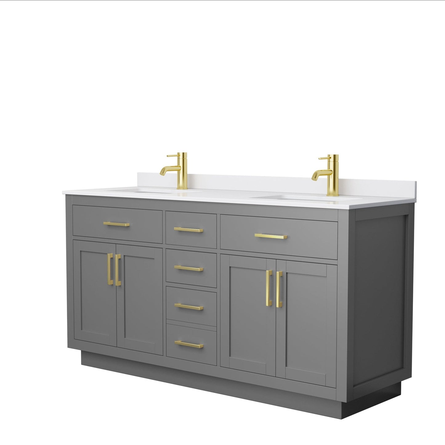 Beckett 66" Double Bathroom Vanity With Toe Kick in Dark Gray, White Cultured Marble Countertop, Undermount Square Sinks, Brushed Gold Trim