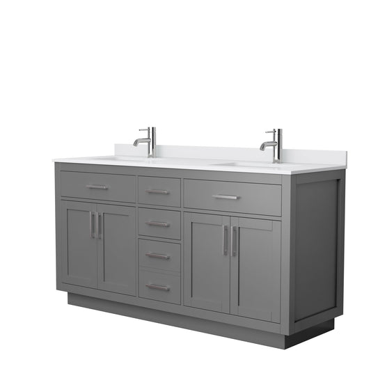Beckett 66" Double Bathroom Vanity With Toe Kick in Dark Gray, White Cultured Marble Countertop, Undermount Square Sinks, Brushed Nickel Trim