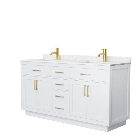 Beckett 66" Double Bathroom Vanity With Toe Kick in White, Carrara Cultured Marble Countertop, Undermount Square Sinks, Brushed Gold Trim