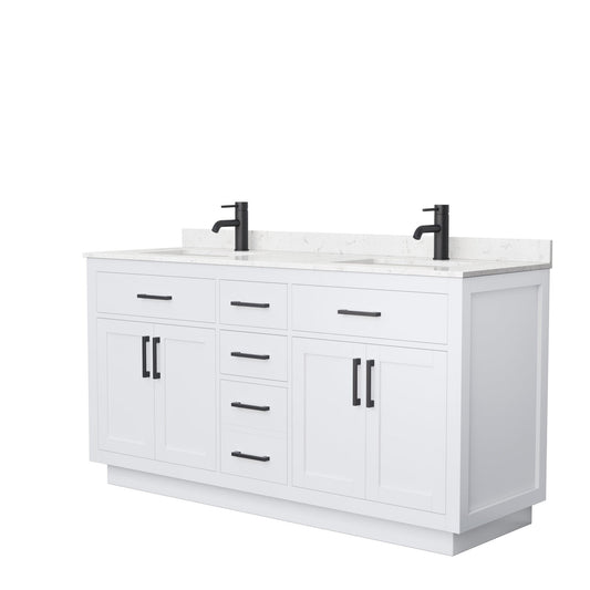 Beckett 66" Double Bathroom Vanity With Toe Kick in White, Carrara Cultured Marble Countertop, Undermount Square Sinks, Matte Black Trim
