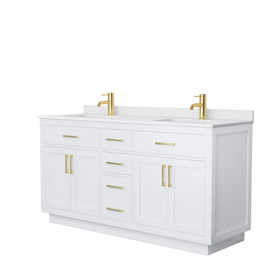 Beckett 66" Double Bathroom Vanity With Toe Kick in White, White Cultured Marble Countertop, Undermount Square Sinks, Brushed Gold Trim