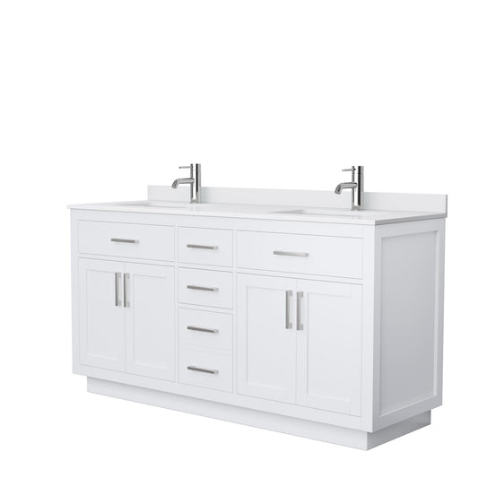 Beckett 66" Double Bathroom Vanity With Toe Kick in White, White Cultured Marble Countertop, Undermount Square Sinks, Brushed Nickel Trim