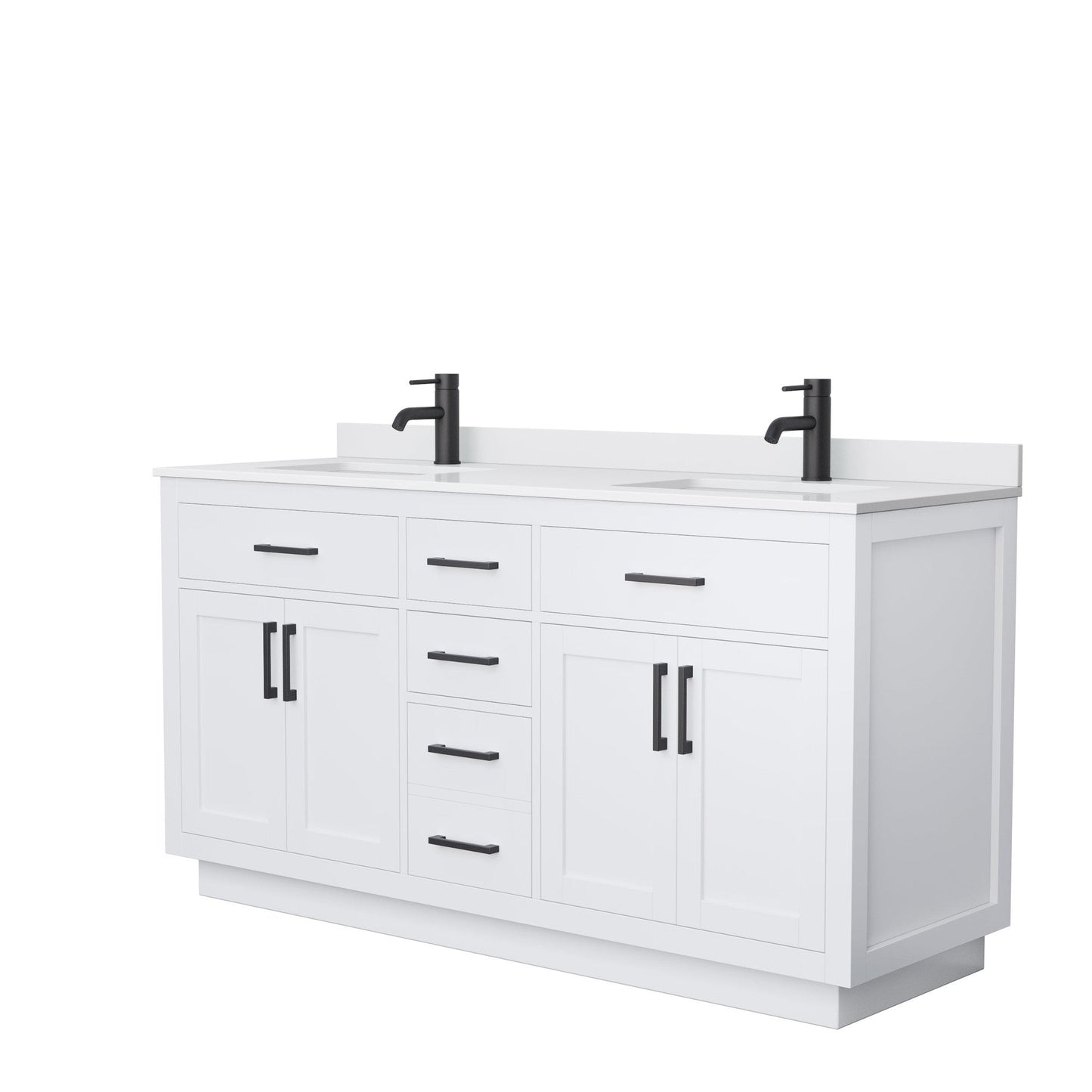 Beckett 66" Double Bathroom Vanity With Toe Kick in White, White Cultured Marble Countertop, Undermount Square Sinks, Matte Black Trim