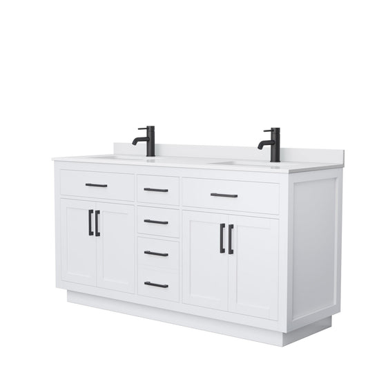 Beckett 66" Double Bathroom Vanity With Toe Kick in White, White Cultured Marble Countertop, Undermount Square Sinks, Matte Black Trim