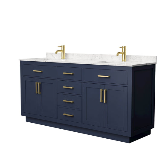 Beckett 72" Double Bathroom Vanity With Toe Kick in Dark Blue, Carrara Cultured Marble Countertop, Undermount Square Sinks, Brushed Gold Trim