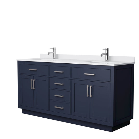 Beckett 72" Double Bathroom Vanity With Toe Kick in Dark Blue, White Cultured Marble Countertop, Undermount Square Sinks, Brushed Nickel Trim
