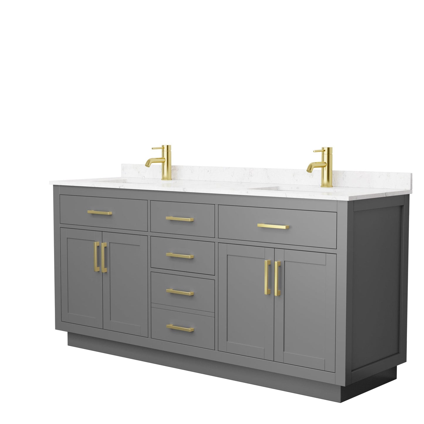 Beckett 72" Double Bathroom Vanity With Toe Kick in Dark Gray, Carrara Cultured Marble Countertop, Undermount Square Sinks, Brushed Gold Trim
