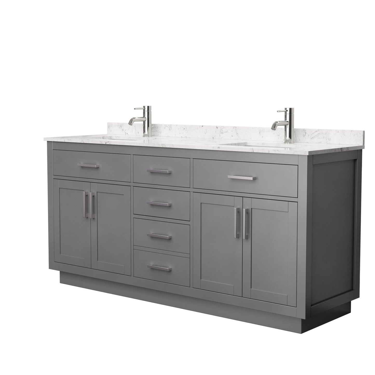 Beckett 72" Double Bathroom Vanity With Toe Kick in Dark Gray, Carrara Cultured Marble Countertop, Undermount Square Sinks, Brushed Nickel Trim