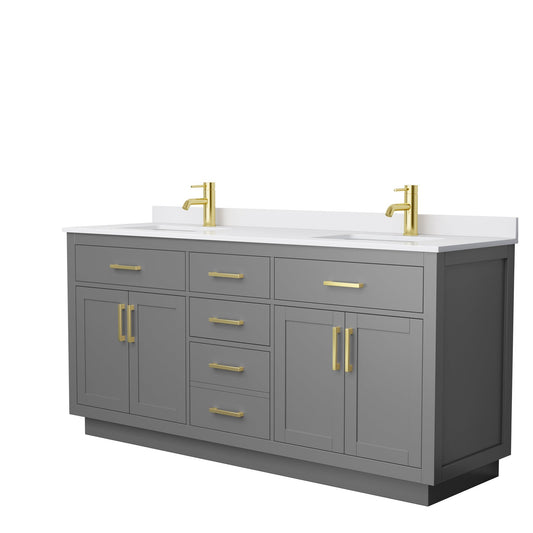 Beckett 72" Double Bathroom Vanity With Toe Kick in Dark Gray, White Cultured Marble Countertop, Undermount Square Sinks, Brushed Gold Trim