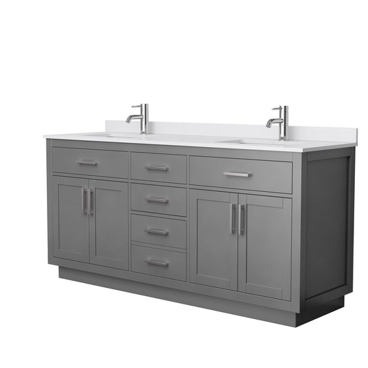 Beckett 72" Double Bathroom Vanity With Toe Kick in Dark Gray, White Cultured Marble Countertop, Undermount Square Sinks, Brushed Nickel Trim