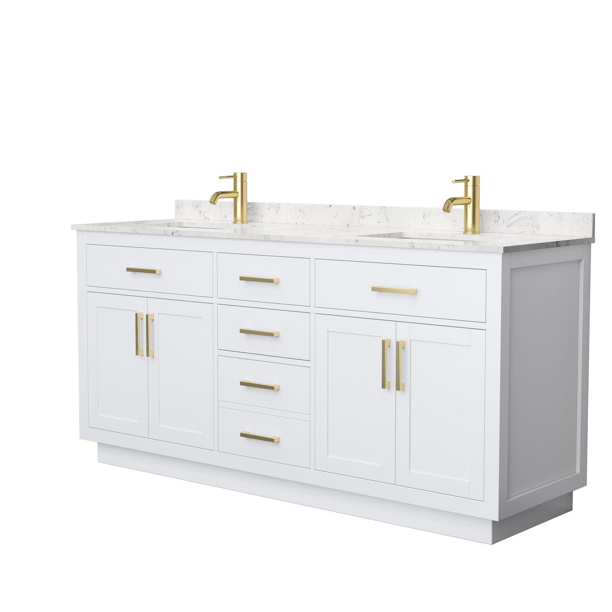 Beckett 72" Double Bathroom Vanity With Toe Kick in White, Carrara Cultured Marble Countertop, Undermount Square Sinks, Brushed Gold Trim