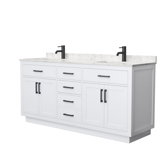 Beckett 72" Double Bathroom Vanity With Toe Kick in White, Carrara Cultured Marble Countertop, Undermount Square Sinks, Matte Black Trim