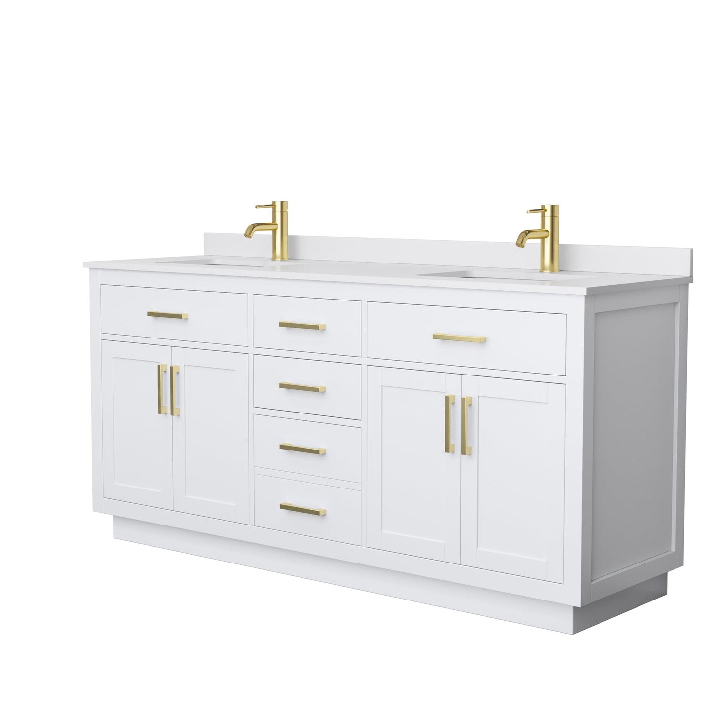 Beckett 72" Double Bathroom Vanity With Toe Kick in White, White Cultured Marble Countertop, Undermount Square Sinks, Brushed Gold Trim