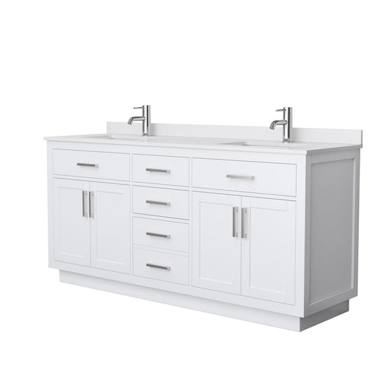 Beckett 72" Double Bathroom Vanity With Toe Kick in White, White Cultured Marble Countertop, Undermount Square Sinks, Brushed Nickel Trim