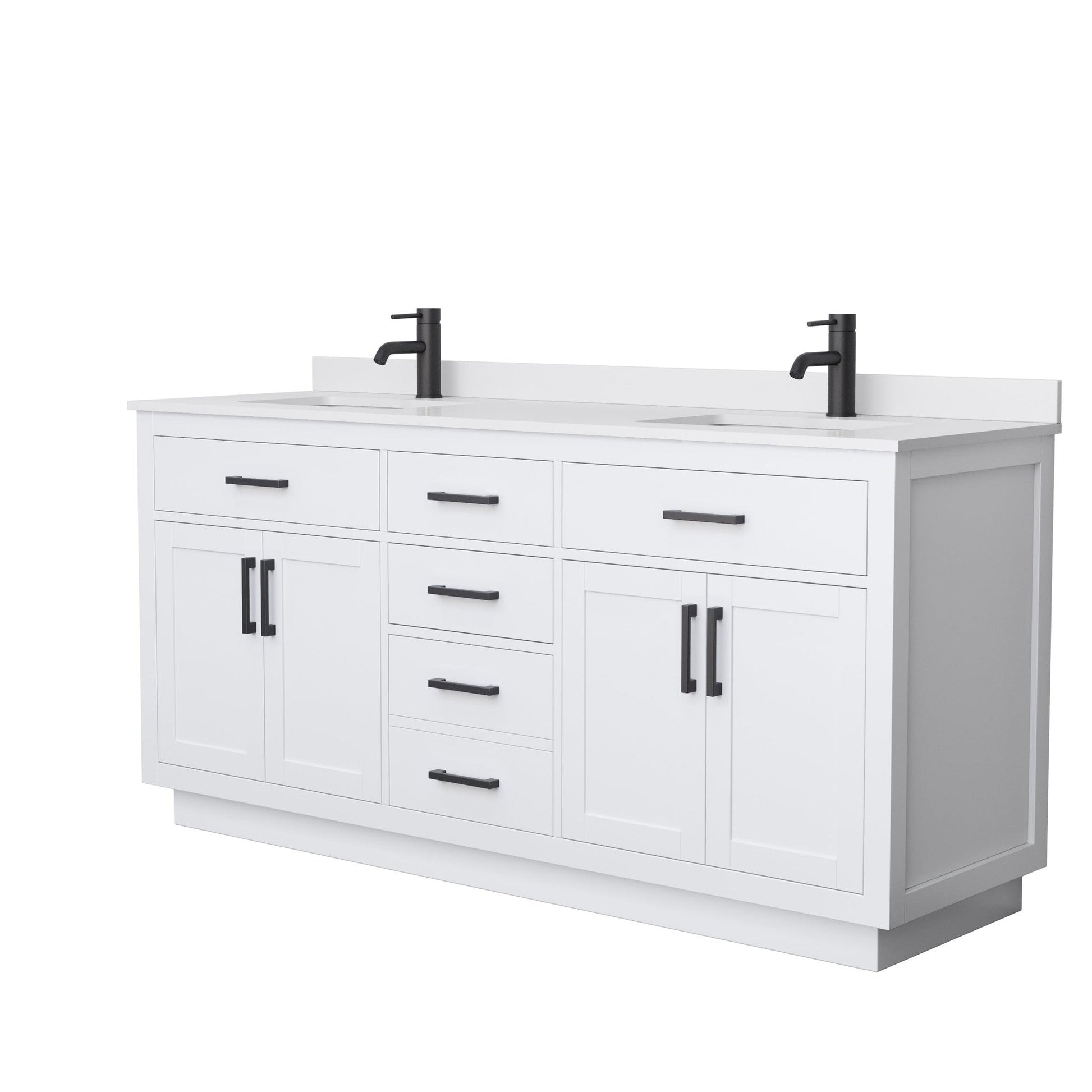 Beckett 72" Double Bathroom Vanity With Toe Kick in White, White Cultured Marble Countertop, Undermount Square Sinks, Matte Black Trim