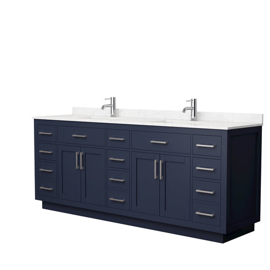 Beckett 84" Double Bathroom Vanity With Toe Kick in Dark Blue, Carrara Cultured Marble Countertop, Undermount Square Sinks, Brushed Nickel Trim