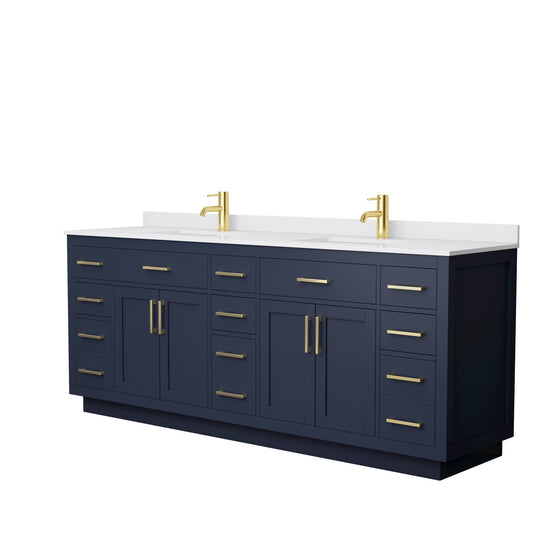 Beckett 84" Double Bathroom Vanity With Toe Kick in Dark Blue, White Cultured Marble Countertop, Undermount Square Sinks, Brushed Gold Trim