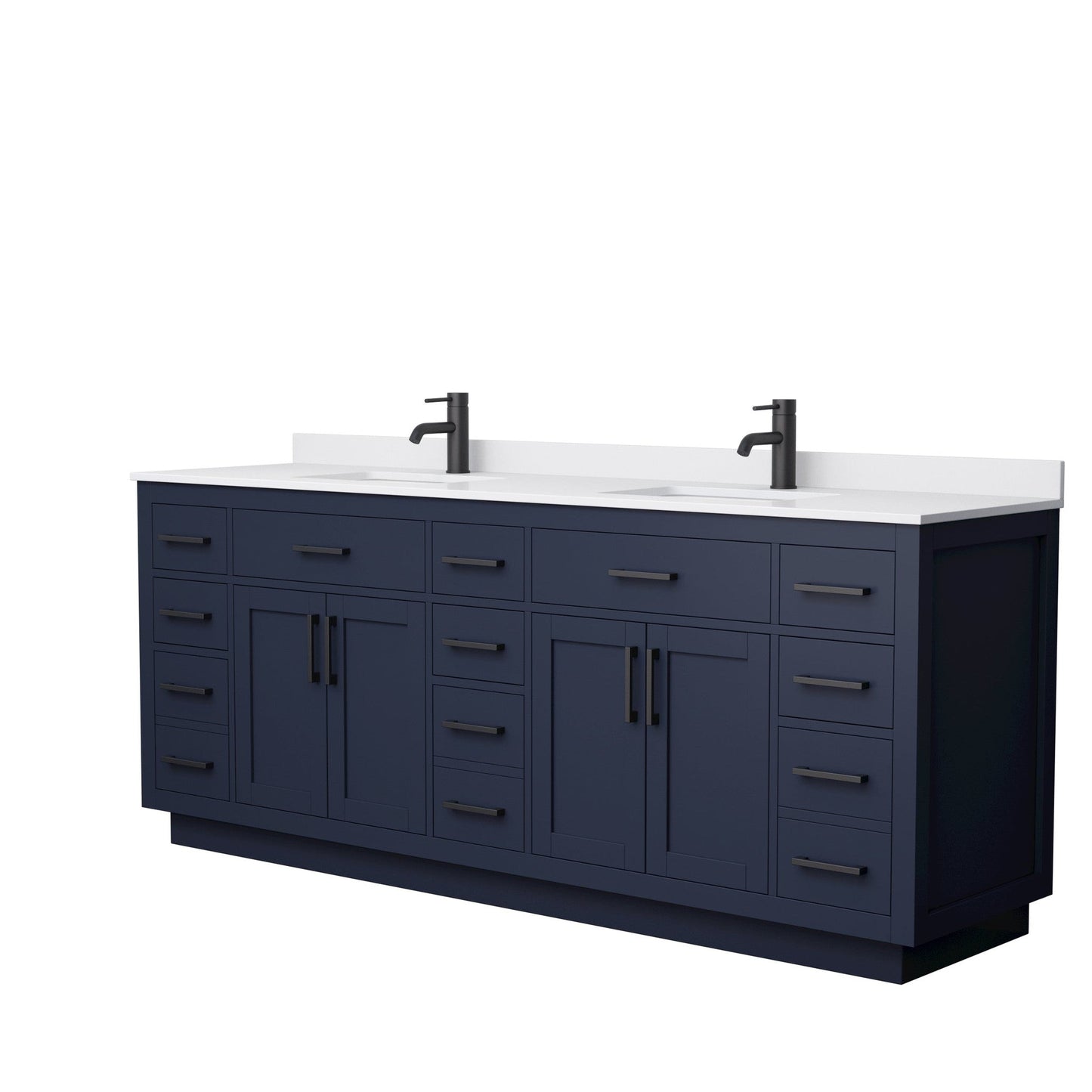 Beckett 84" Double Bathroom Vanity With Toe Kick in Dark Blue, White Cultured Marble Countertop, Undermount Square Sinks, Matte Black Trim