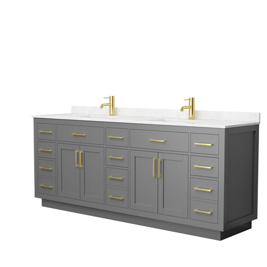 Beckett 84" Double Bathroom Vanity With Toe Kick in Dark Gray, Carrara Cultured Marble Countertop, Undermount Square Sinks, Brushed Gold Trim