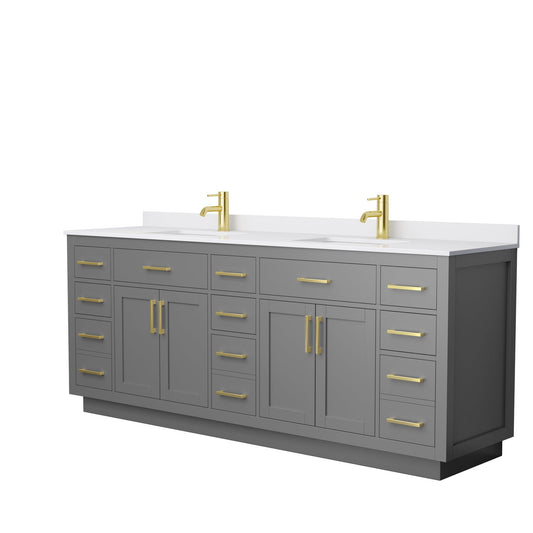 Beckett 84" Double Bathroom Vanity With Toe Kick in Dark Gray, White Cultured Marble Countertop, Undermount Square Sinks, Brushed Gold Trim