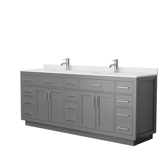 Beckett 84" Double Bathroom Vanity With Toe Kick in Dark Gray, White Cultured Marble Countertop, Undermount Square Sinks, Brushed Nickel Trim