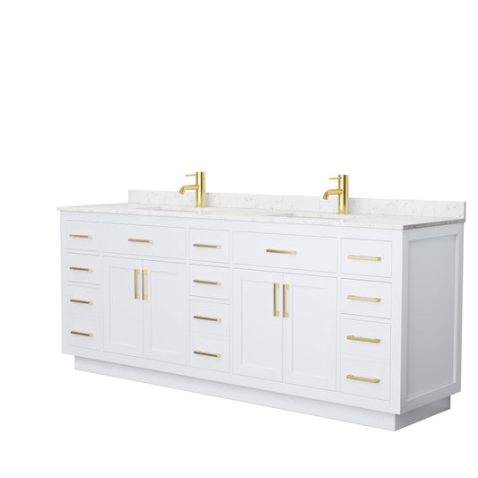 Beckett 84" Double Bathroom Vanity With Toe Kick in White, Carrara Cultured Marble Countertop, Undermount Square Sinks, Brushed Gold Trim