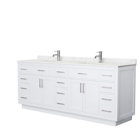 Beckett 84" Double Bathroom Vanity With Toe Kick in White, Carrara Cultured Marble Countertop, Undermount Square Sinks, Brushed Nickel Trim