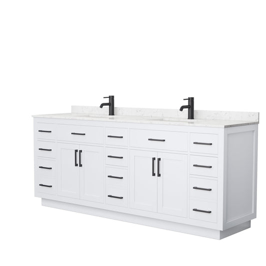 Beckett 84" Double Bathroom Vanity With Toe Kick in White, Carrara Cultured Marble Countertop, Undermount Square Sinks, Matte Black Trim