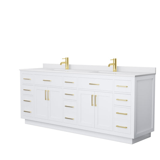 Beckett 84" Double Bathroom Vanity With Toe Kick in White, White Cultured Marble Countertop, Undermount Square Sinks, Brushed Gold Trim