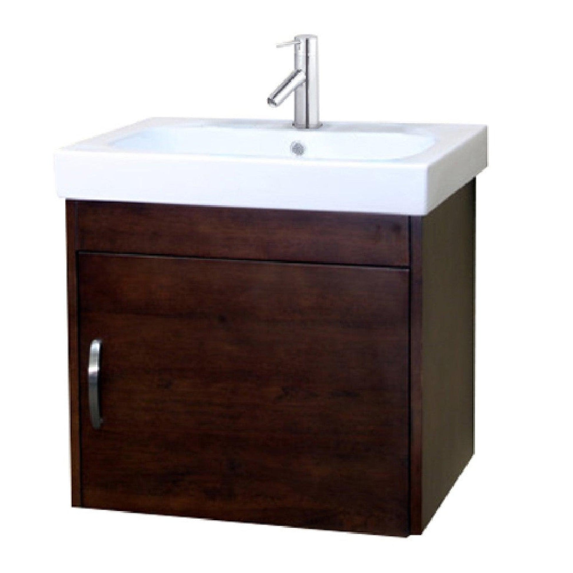 Bellaterra Home 24" 1-Door Walnut Wall-Mount Vanity Set With White Ceramic Integrated Sink and White Ceramic Top