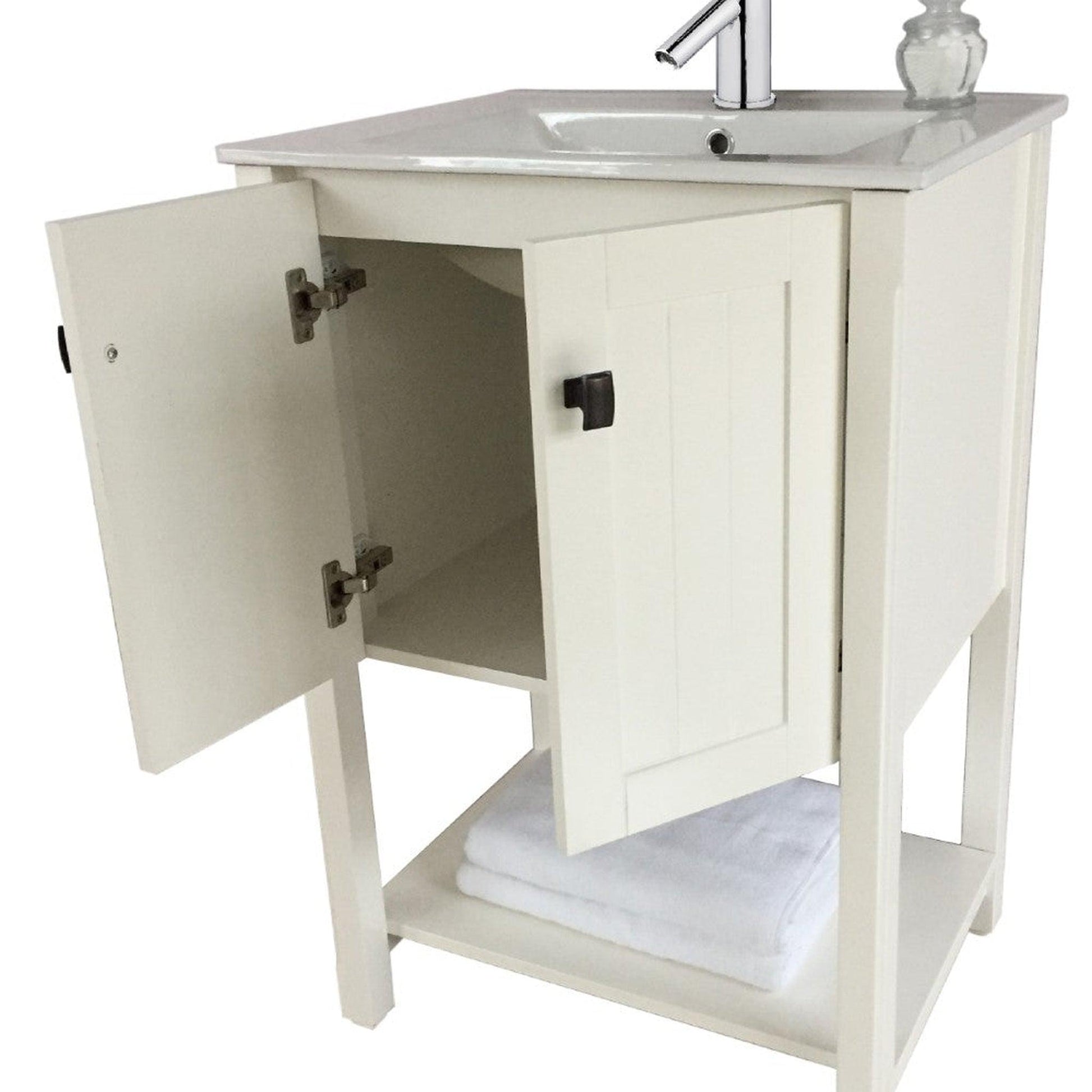 Bellaterra Home 24" 2-Door White Freestanding Vanity Set With Ceramic Integrated Sink and Ceramic Top, and Open Shelf