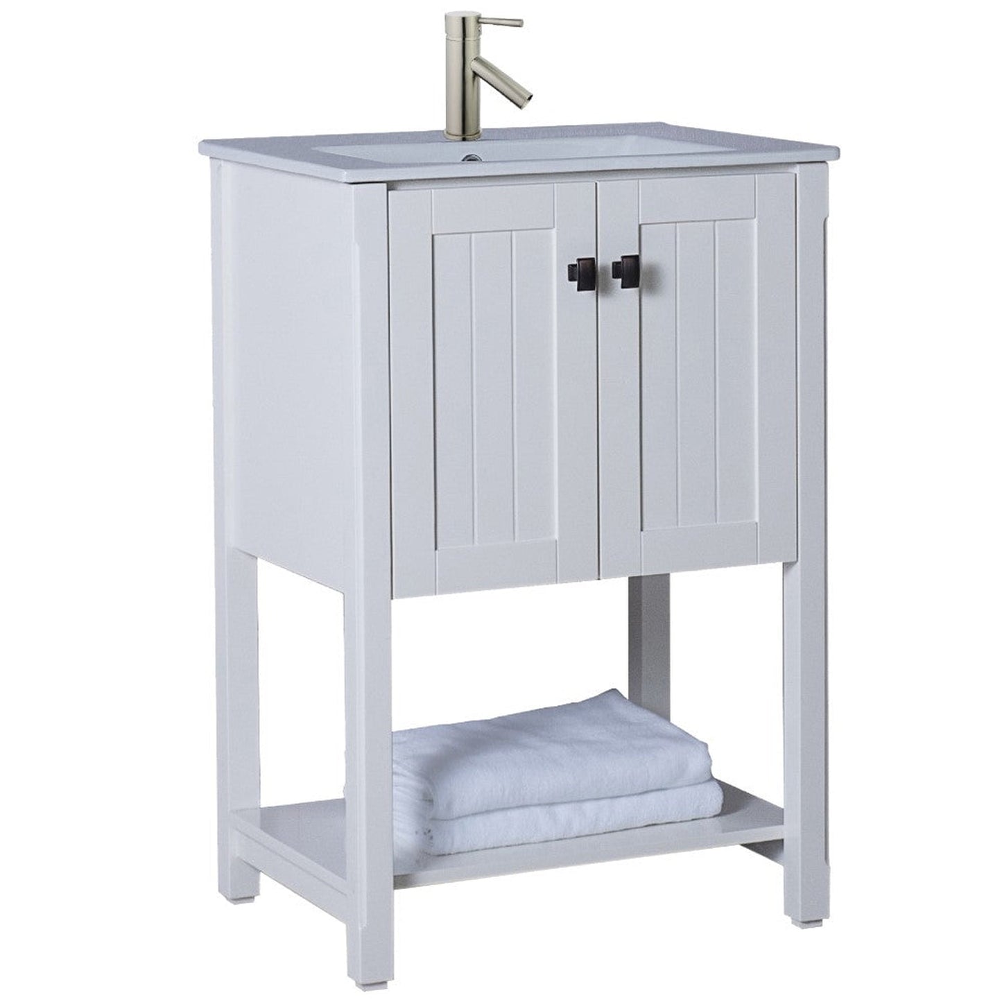 Bellaterra Home 24" 2-Door White Freestanding Vanity Set With Ceramic Integrated Sink and Ceramic Top, and Open Shelf