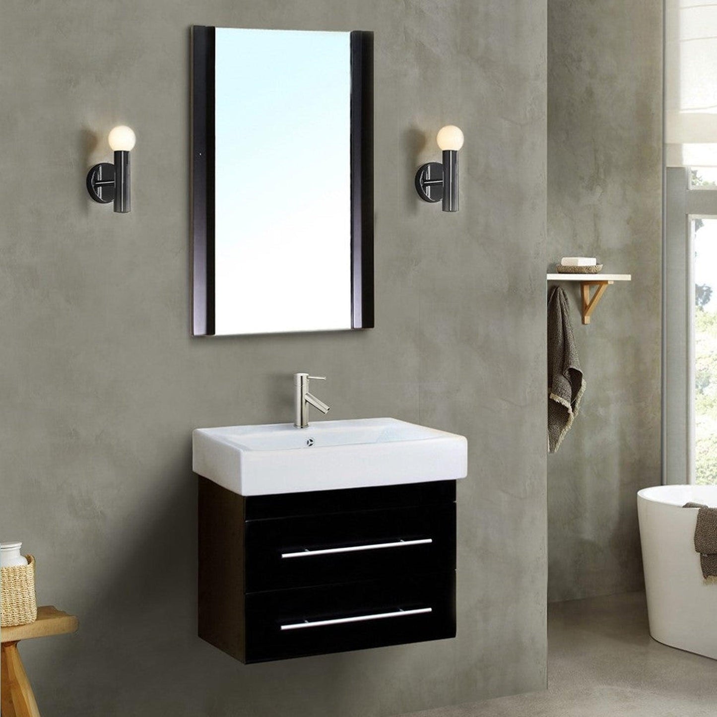 Bellaterra Home 24" 2-Drawer Black Wall-Mount Vanity Set With White Ceramic Integrated Sink and White Ceramic Top