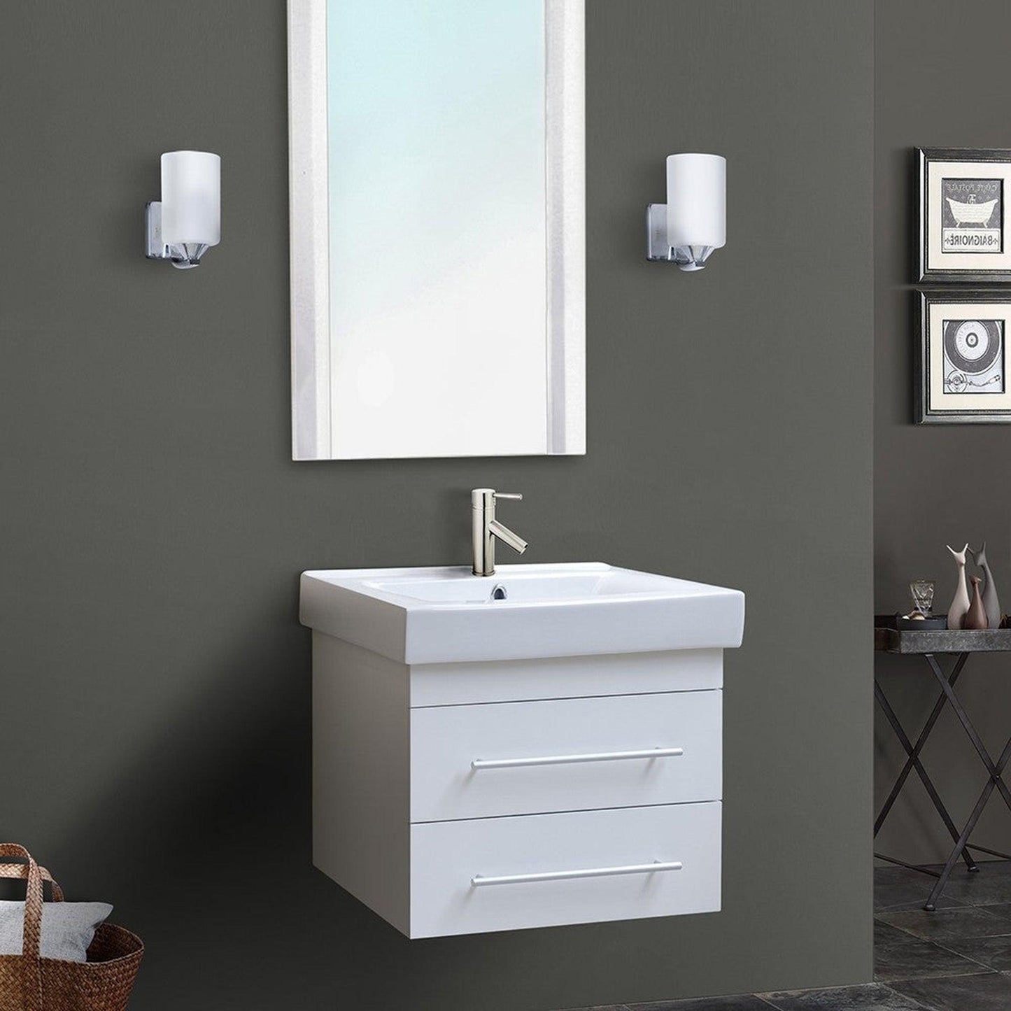 Bellaterra Home 24" 2-Drawer White Wall-Mount Vanity Set With White Ceramic Integrated Sink and White Ceramic Top