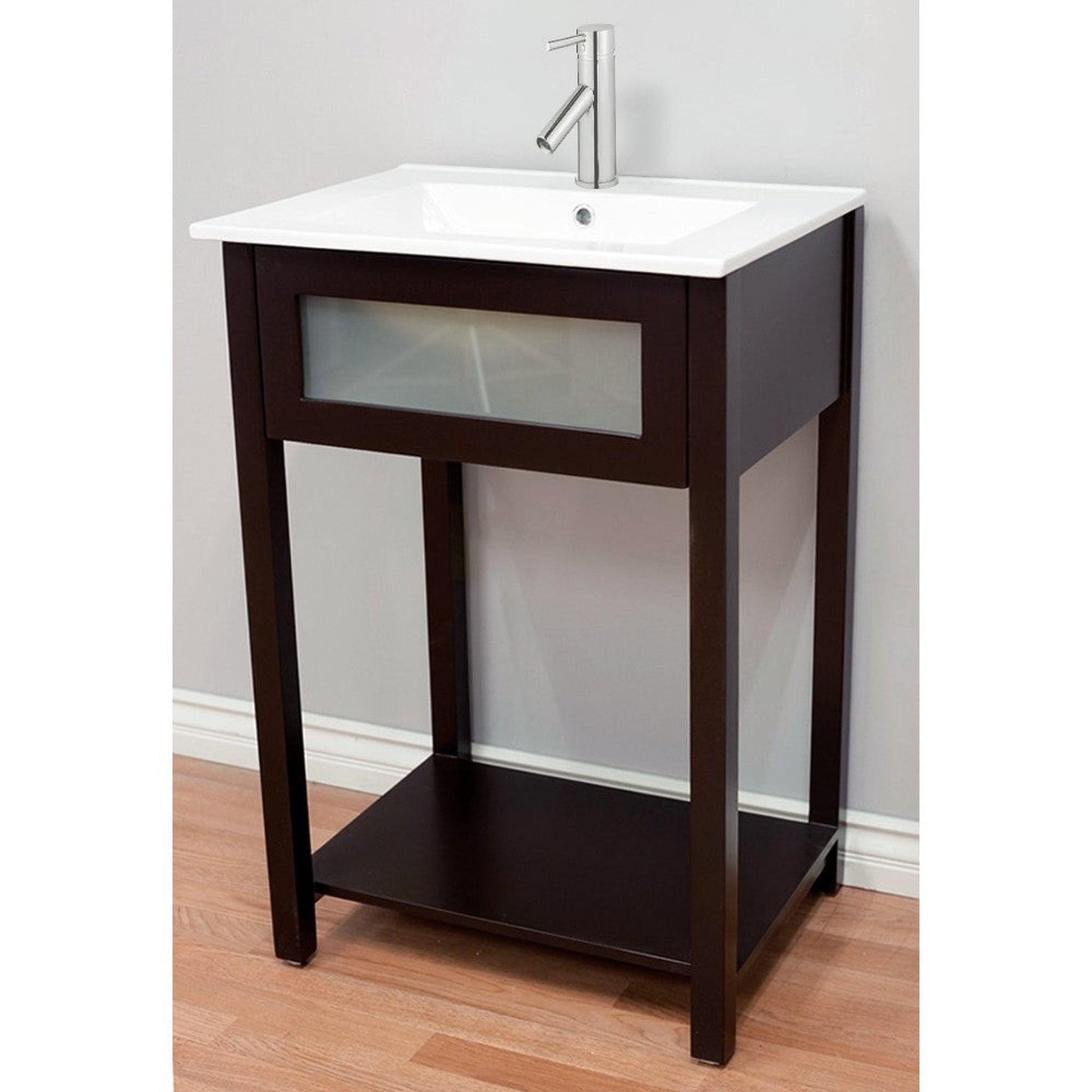 Bellaterra Home 24" Espresso Freestanding Vanity Set With Ceramic Integrated Sink and Ceramic Top, and Mirror & Faucet