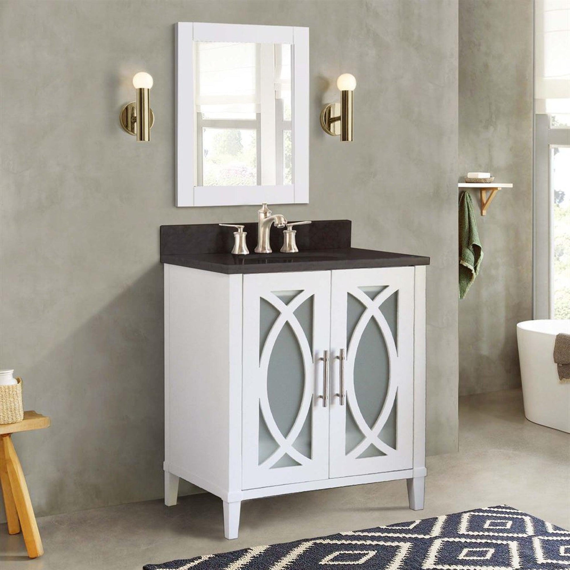 Bellaterra Home 30" 2-Door 1-Drawer White Freestanding Vanity Set With Ceramic Undermount Oval Sink and Black Galaxy Granite Top