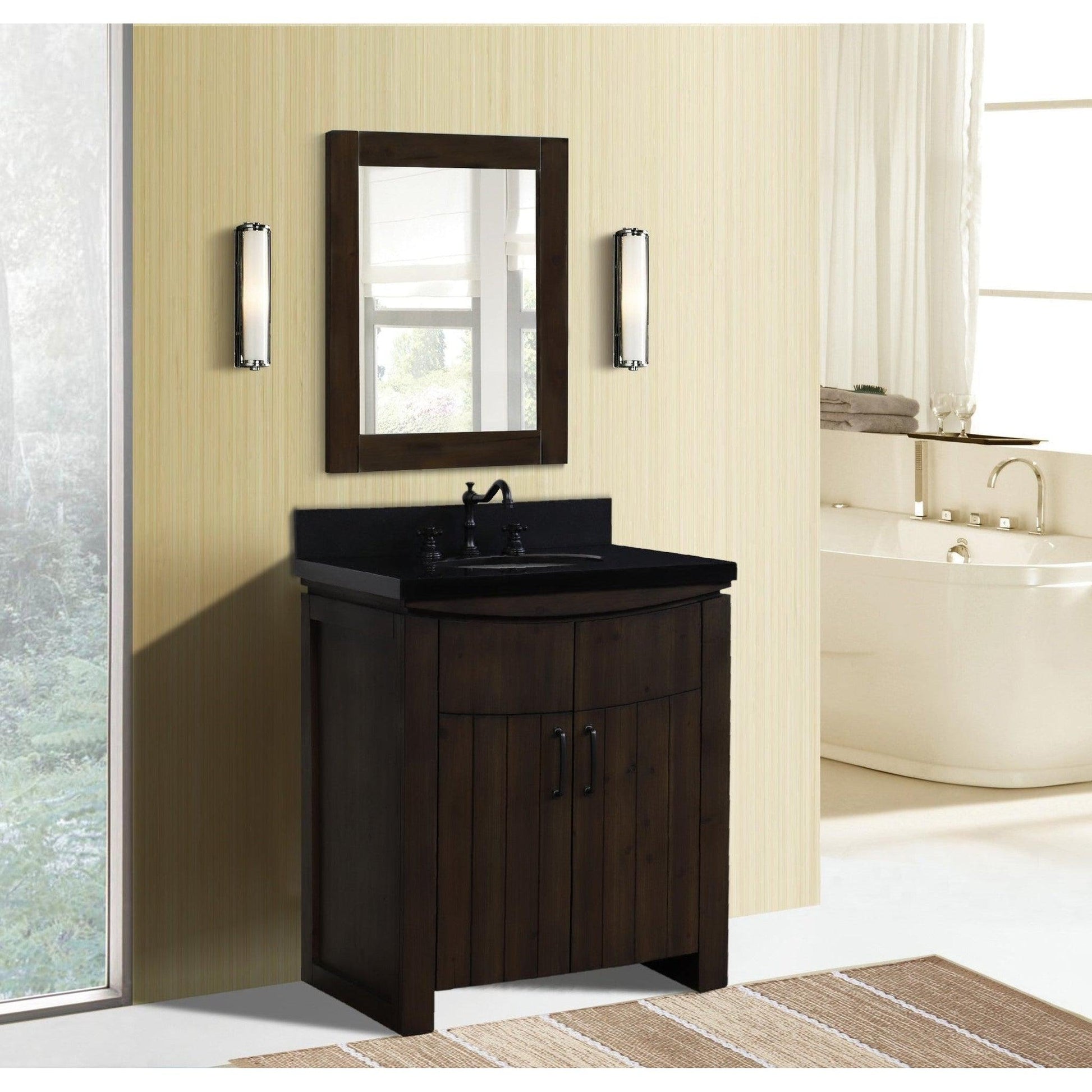 Bellaterra Home 30" 2-Door Rustic Wood Freestanding Vanity Set With Ceramic Undermount Oval Sink and Black Galaxy Granite Top
