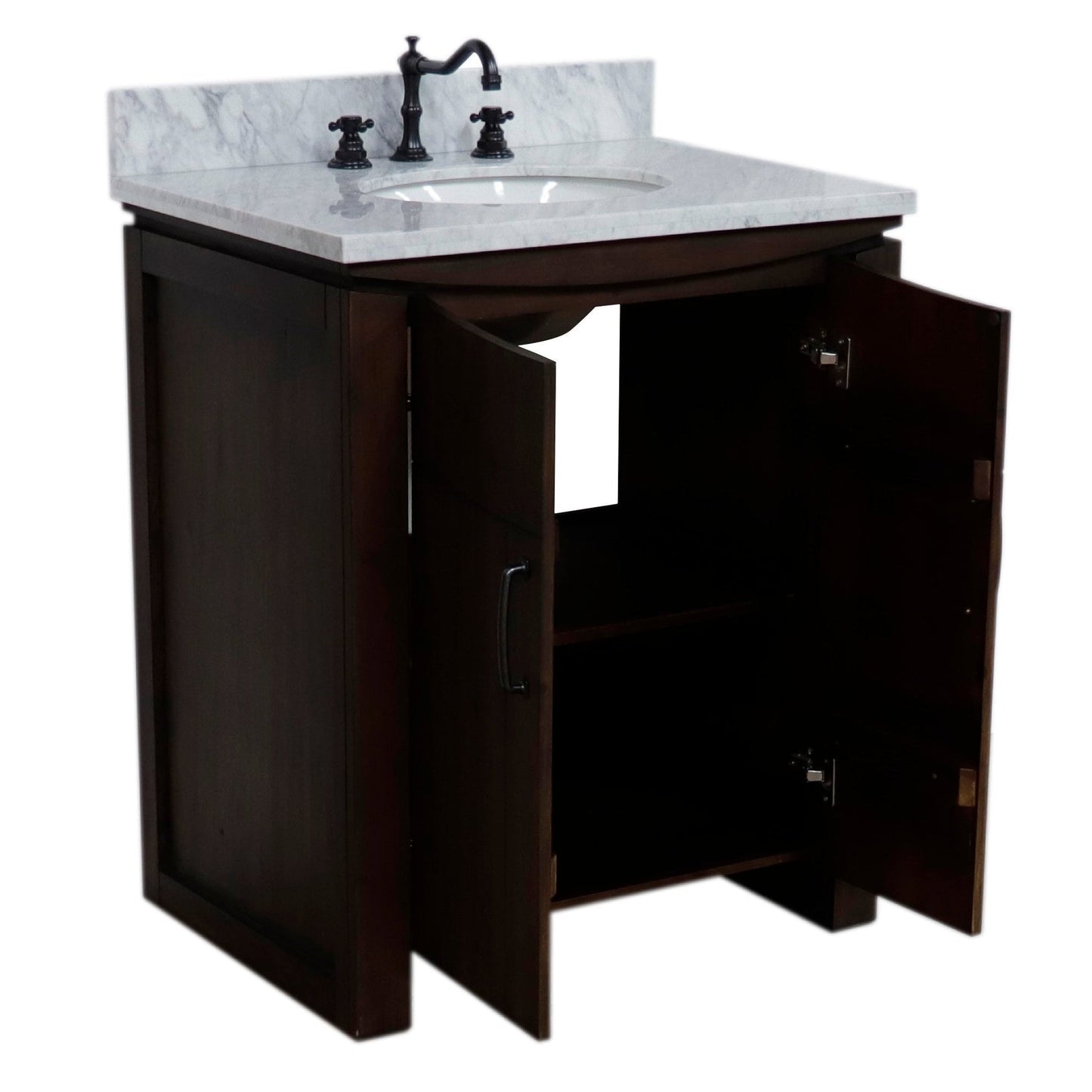 Bellaterra Home 30" 2-Door Rustic Wood Freestanding Vanity Set With Ceramic Undermount Oval Sink and White Marble Top