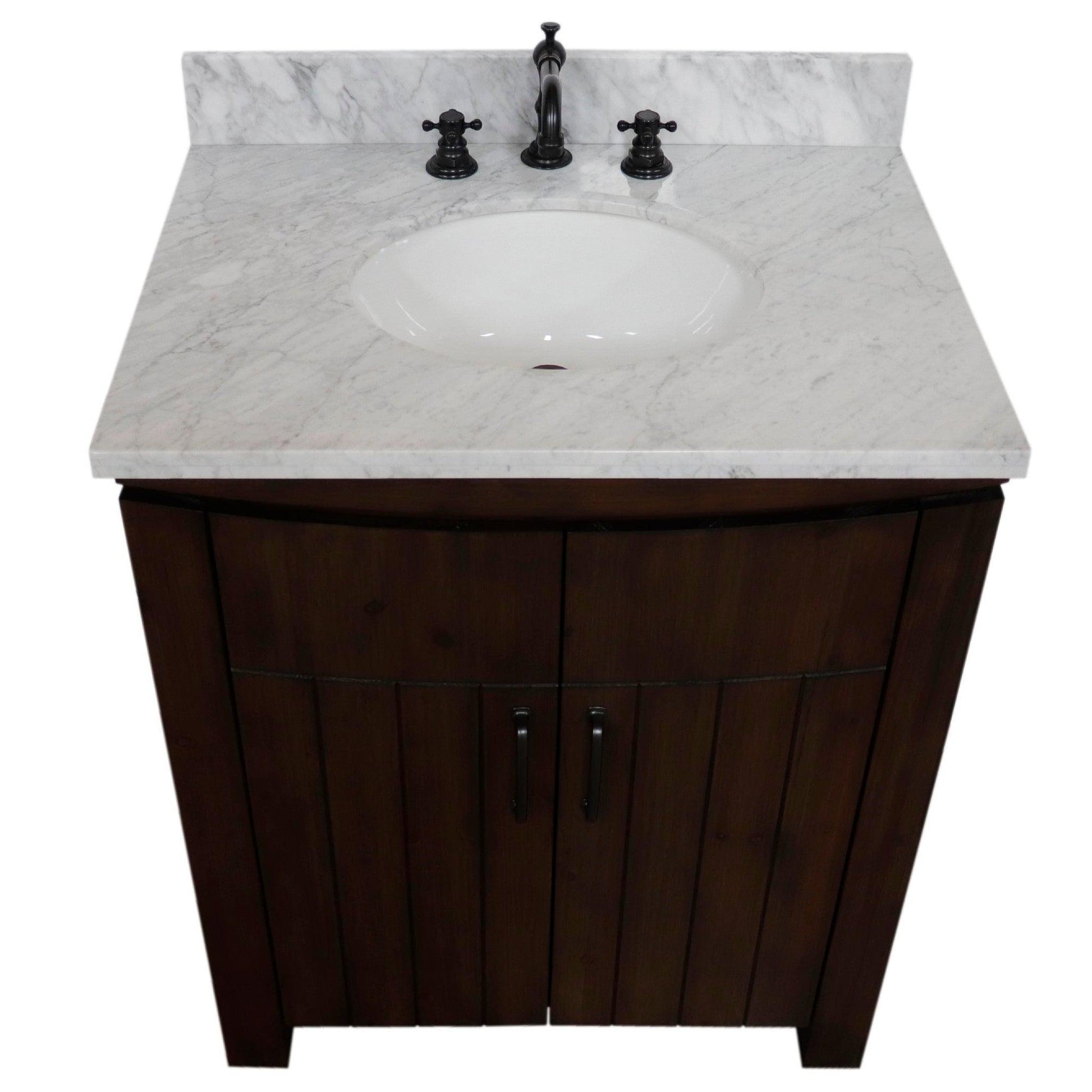 Bellaterra Home 30" 2-Door Rustic Wood Freestanding Vanity Set With Ceramic Undermount Oval Sink and White Marble Top